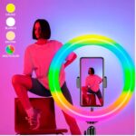 Aro de Luz LED RGB y Cálida 26 cm MJ26 con Trípode Ajustable 2.1 M y Soporte para Celular